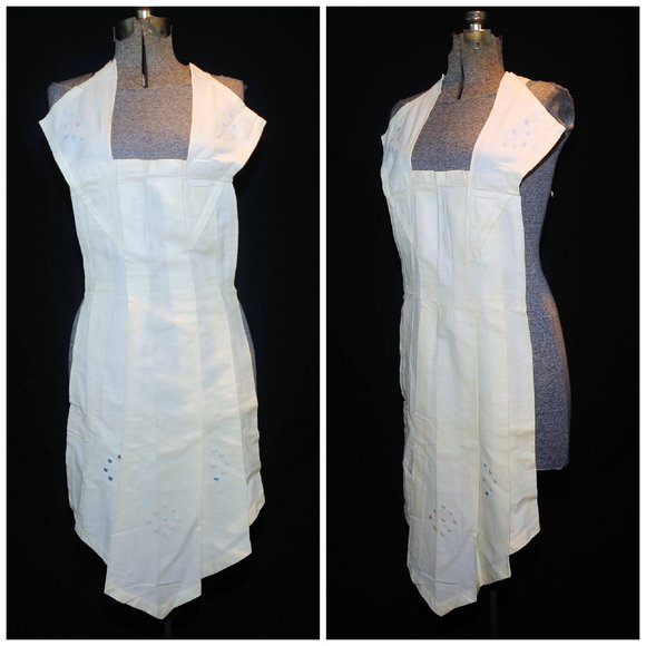 Vintage 50's Ivory Pleated Cotton Full Bib Apron Circle Embroidery Pin-On Waist - Picture 11 of 11